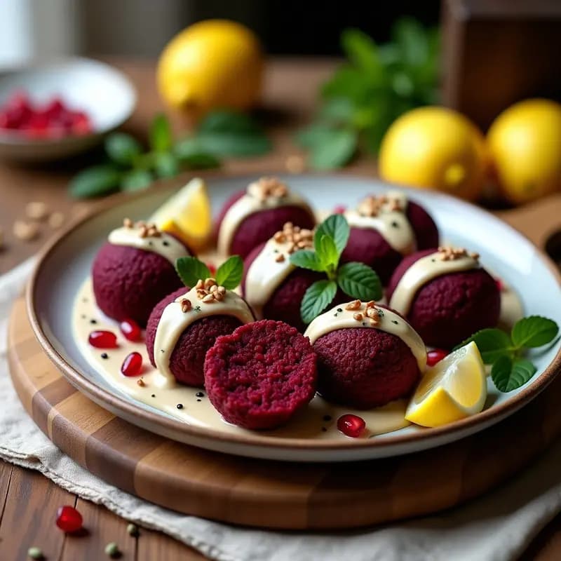 Plato de madera rústico con falafel de remolacha y lentejas crudiveganos, de color rosa intenso y textura rugosa, acompañados de una salsa cremosa de tahini y limón en un bol pequeño. Decorados con semillas de sésamo, perejil fresco y gajos de limón amarillo sobre fondo blanco.