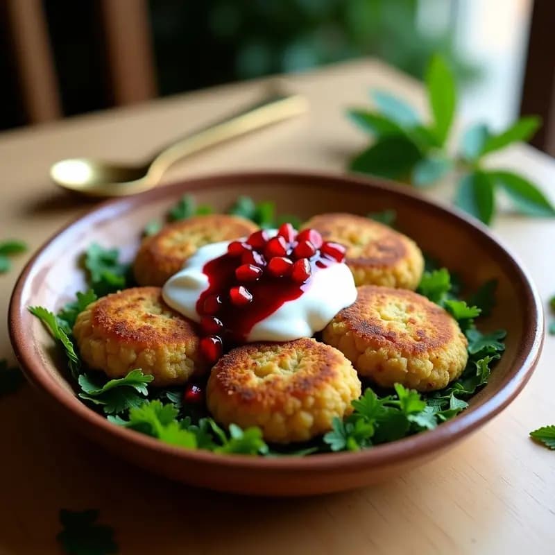 Plato de falafel dorado y crujiente servido en un bol de barro con salsa de yogur cremosa, chorrito de mellado de granada brillante y semillas de granada rojas. Receta de Oriente Medio en airfryer.