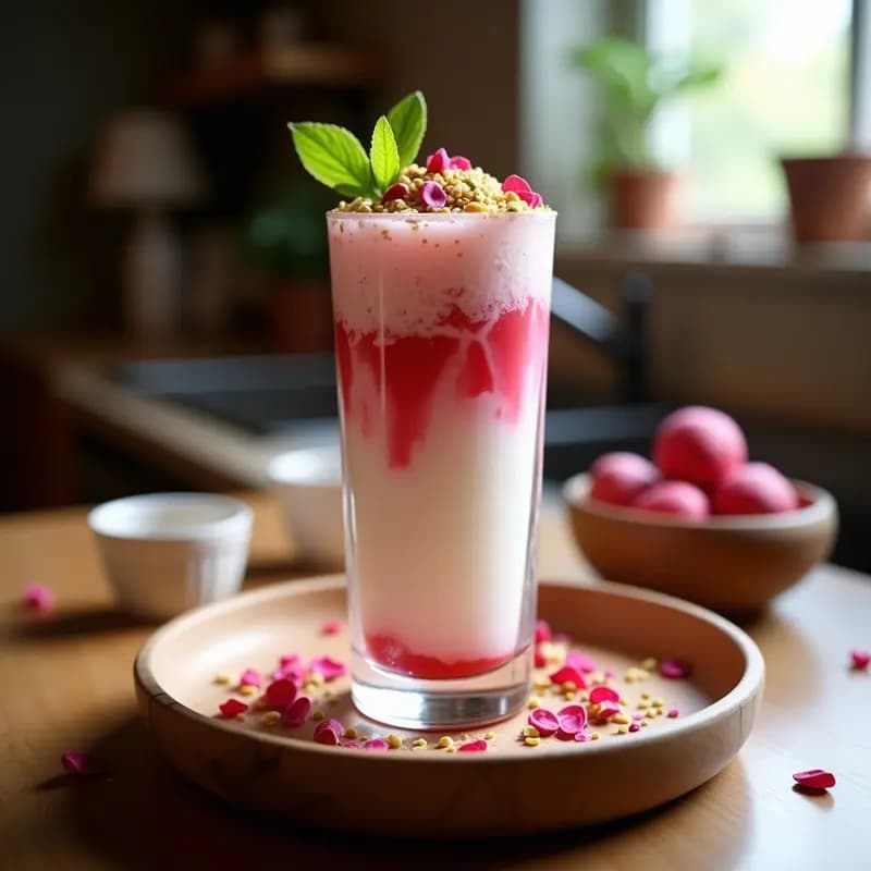 Vaso alto transparente con capas de Falooda Persa: hielos picados, fideos de arroz blancos, gel de semillas de chía negras, leche de almendras con cardamomo, decorado con pistachos picados y pétalos de rosa comestibles, servido sobre una bandeja de madera con fondo borroso.