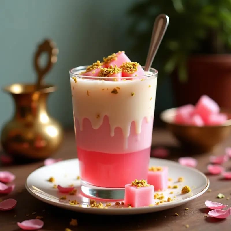 Vaso alto transparente con capas de Falooda de Rosa y Leche de Almendra: gelatina de agar-agar rosada en cubos, semillas de basmati doradas, pistachos picados y leche de almendra cremosa con hielo de rosa. Presentación elegante con pétalos de rosa y una cuchara larga.