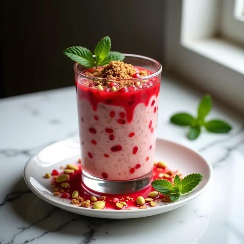 Copa transparente con Faloodeh Iraní: fideos de arroz blancos entre capas de hielo picado, bañados en sirope de granada rojo intenso, decorados con pistachos verdes picados y pétalos de rosa rosados. Postre fresco y sin lactosa.