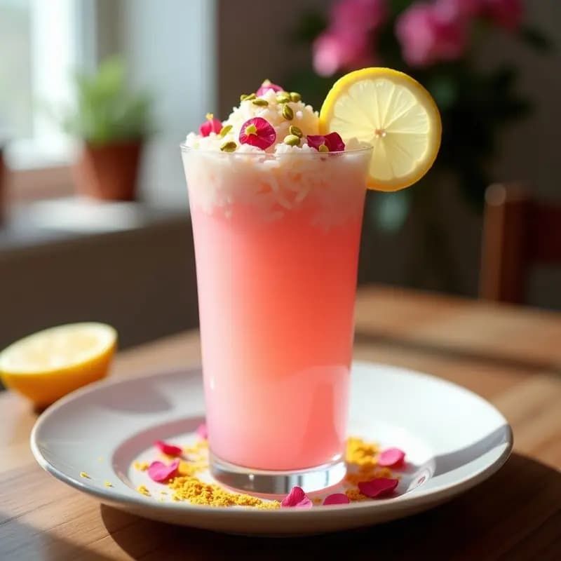 Copa de cristal alto con Faloodeh de Rosa y Limón, postre iraní vegano con fideos de arroz, pétalos de rosa comestibles, pistachos picados y hielo. Fondos borrosos con tonos pastel y toques florales.