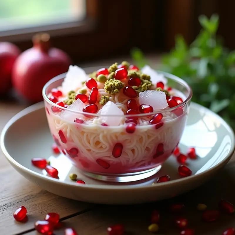 Copa de cristal transparente con Faludeh Persa: fideos de arroz bañados en jugo de granada rosa, decorados con semillas de granada, almendras fileteadas, pistachos picados y hojas de menta fresca. Fondo con pétalos de rosa y hielo brillante.