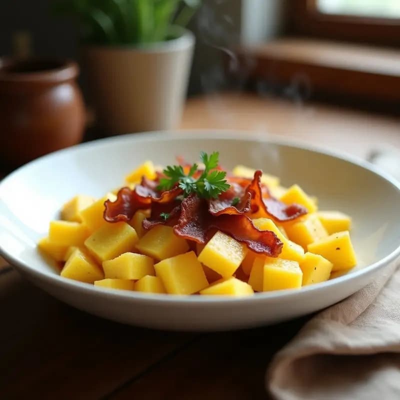 Sartén de hierro con farofa brasileña dorada, mezclada con huevo revuelto, trozos de bacon crujiente y cubos de plátano macho caramelizado, decorada con perejil fresco y almendras fileteadas.