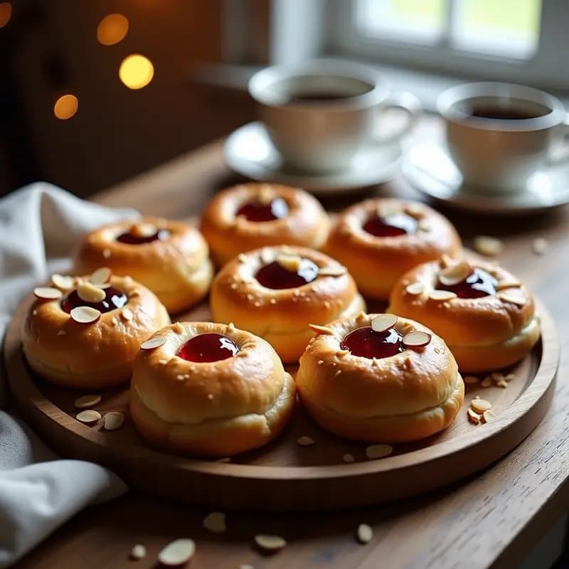 Bollos daneses Fastelavnsboller dorados con crema de almendra y mermelada de frambuesa, decorados con almendras fileteadas, sobre una bandeja de madera rústica.