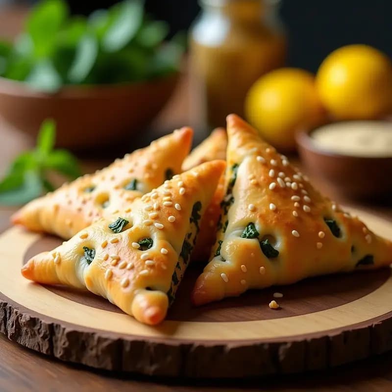 Fatayer libanés vegano recién horneado, dorado y crujiente, con forma triangular y relleno de espinacas y limón confitado asomando por los bordes. Espolvoreado con semillas de sésamo tostadas, sobre una bandeja de madera rústica con hierbas frescas de fondo.