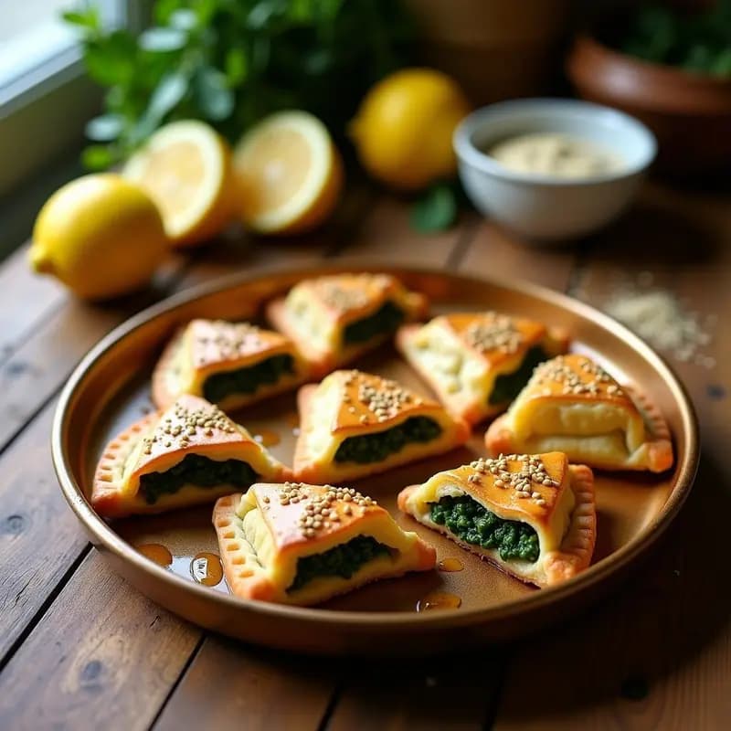 Bandeja de fatayer libaneses veganos de espinacas y limón con masa de sémola dorada, decorados con semillas de sésamo y servidos sobre papel de horno rústico.