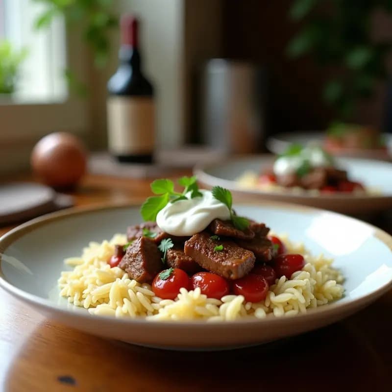 Fuente de cerámica blanca con Fattah Egipcio en capas: arroz basmati amoratizado con azafrán, trozos de carne de cordero dorada, pan pita tostado crujiente, yogur cremoso con tahini y ajo frito dorado espolvoreado, decorado con piñones y hierbabuena fresca.