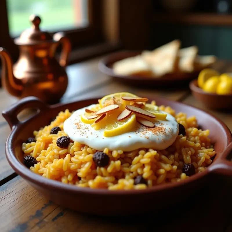 Plato hondo de cerámica blanca con Fattah de pollo y arroz con yogur egipcio en capas: base de arroz con pollo y pasas, capa de pan pita dorado crujiente y topping cremoso de yogur con ajo, almendras y rodajas de limón. Presentación rústica y festiva.