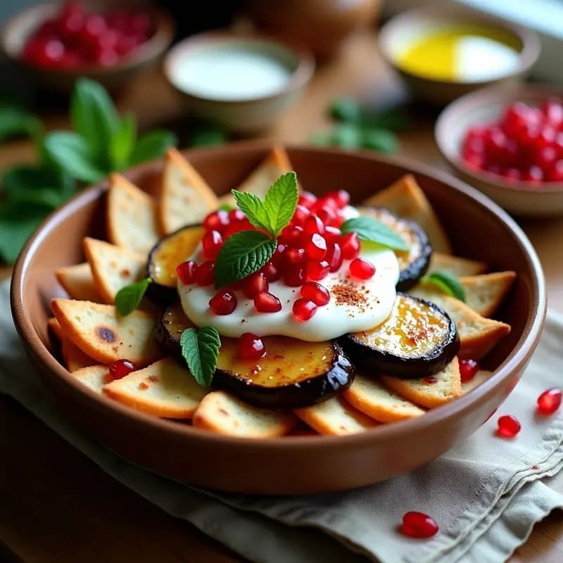 Plato hondo de cerámica blanca con fatteh de berenjena vegano: capas de pan de pita tostado, garbanzos, rodajas de berenjena dorada, salsa de yogur griego de coco especiado, granos de granada rojos brillantes y almendras fileteadas, decorado con hojas de menta fresca. Receta libanesa tradicional adaptada a vegana.