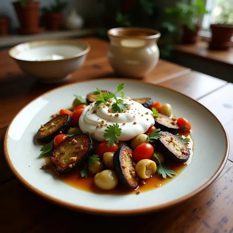 Plato hondo de barro con fatteh palestino vegano: capas de pan pita tostado, berenjenas asadas doradas, garbanzos y salsa cremosa de yogur de coco, decorado con menta fresca, granada y almendras fileteadas.