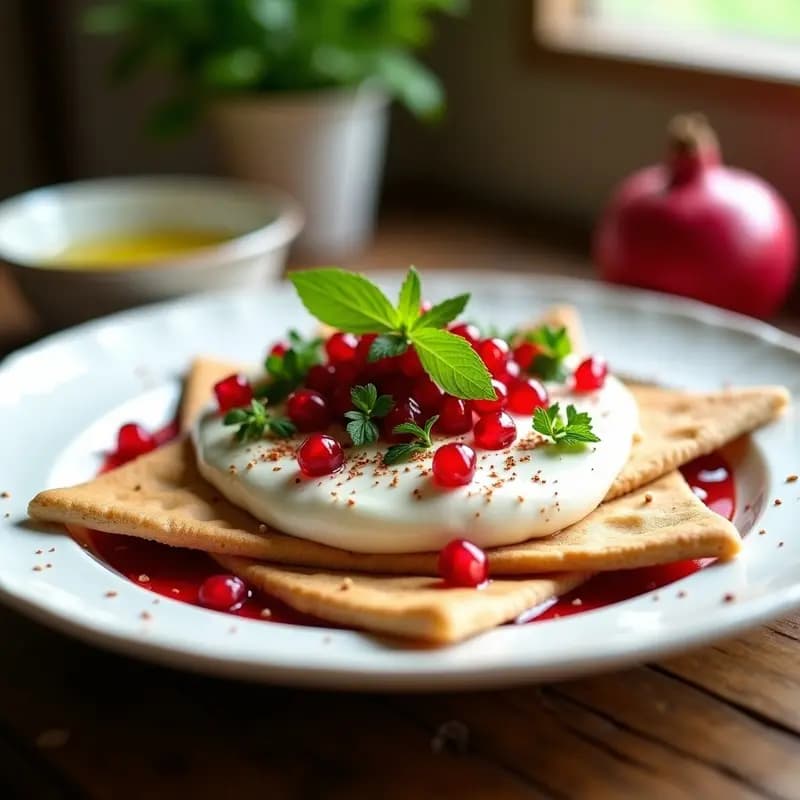 Plato hondo de cerámica blanca con fatteh libanés: capas de pan pita tostado dorado, yogur griego cremoso, granos de granada rojos vibrantes, menta fresca, almendras fileteadas y un toque de pimienta de Alepo. Receta baja en calorías y alta en proteína.