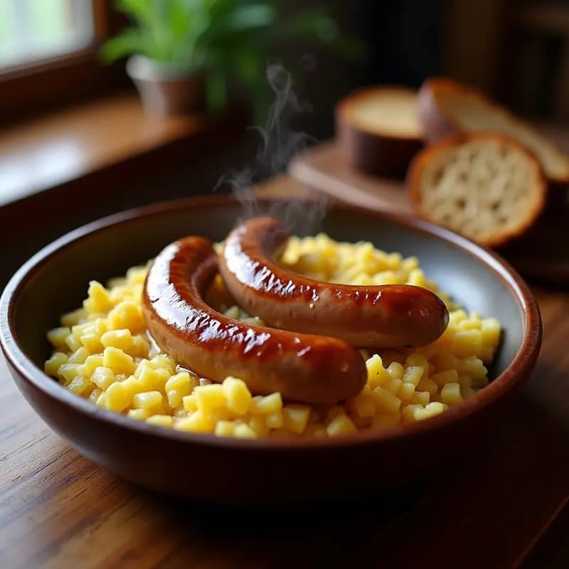 Plato hondo de barro con B Faulkner: salchicha alemana Bratwurst sobre una base de chucrut dorado, bañado en salsa cremosa de mostaza y miel, acompañado de rebanadas de pan de centeno tostado.