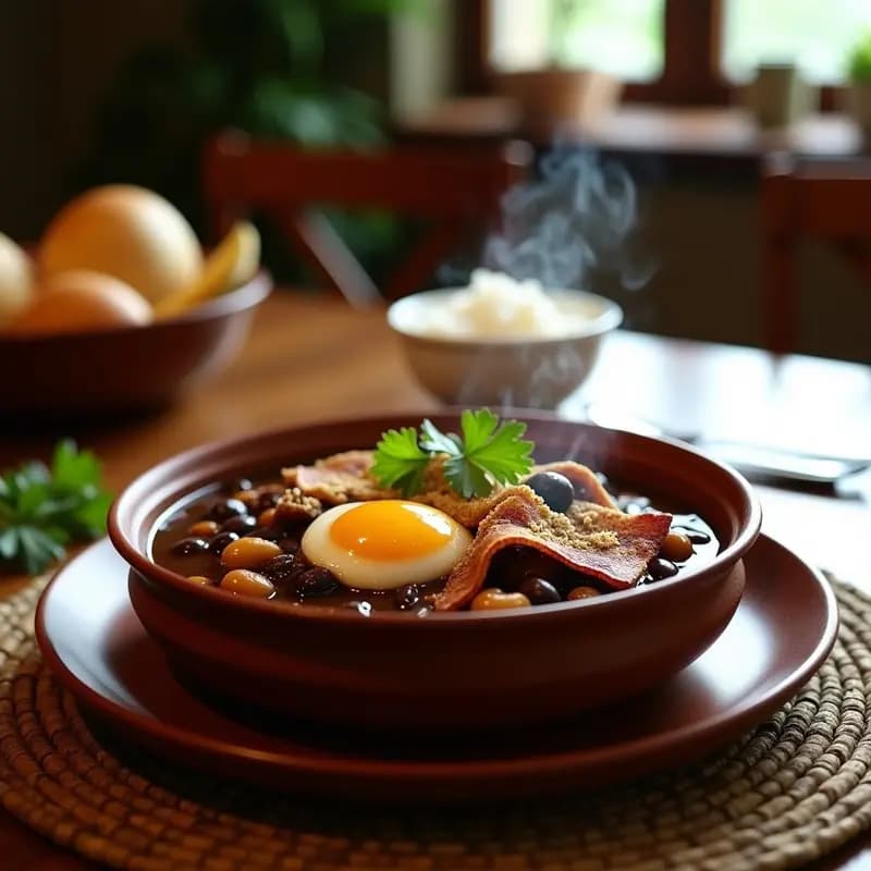 Plato hondo de barro con Feijão Tropeiro con Tocino Ahumado, frijoles negros cremosos, trozos de tocino dorado, huevos en hebras y farofa de harina de mandioca tostada espolvoreada. Decorado con cilantro fresco y acompañado de arroz blanco.