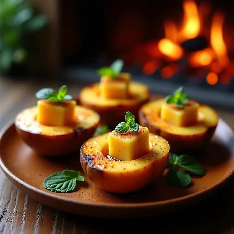Postre brasileño de feijoas asadas a la parrilla rellenas de queso coalho dorado, bañadas en miel de eucalipto y decoradas con hojas de menta fresca.