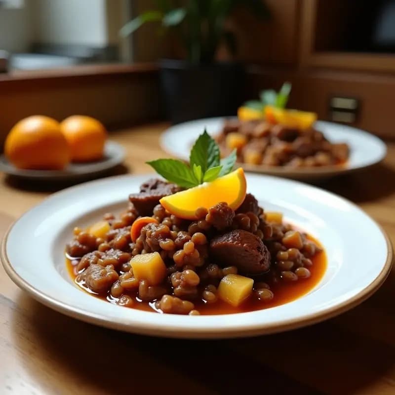 Plato hondo de barro con Feijoada Brasileña con cerdo y naranjas, estofado espeso de frijoles negros, trozos de lomo y costillas de cerdo, rodajas de naranja y chorizo ahumado, servido sobre una mesa rústica de madera con arroz blanco y farofa al lado.