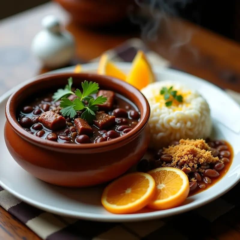 Plato hondo de barro con feijoada brasileira espesa de frijoles negros y trozos de cerdo ahumado, acompañada de arroz carreteiro cremoso, huevo duro, rodajas de naranja y farofa espolvoreada. Decoración con cilantro fresco.