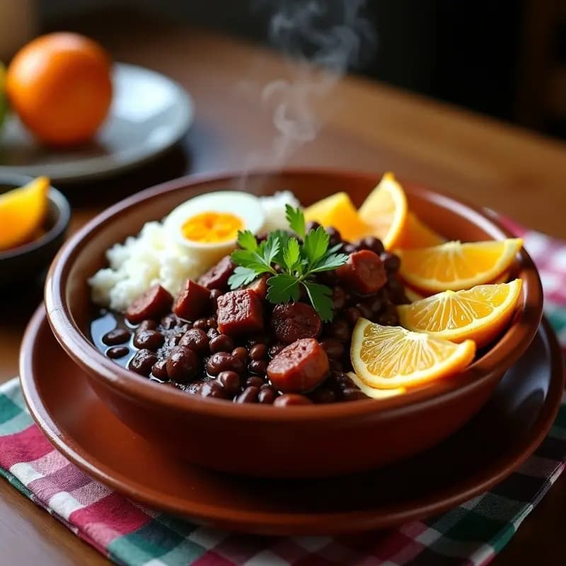 Plato hondo de barro con Feijoada Brasileira: frijoles negros estofados con trozos de costilla, lomo y chorizo, servidos con arroz blanco esponjoso, farofa dorada de harina de yuca y bacon, rodajas de naranja y cilantro fresco.