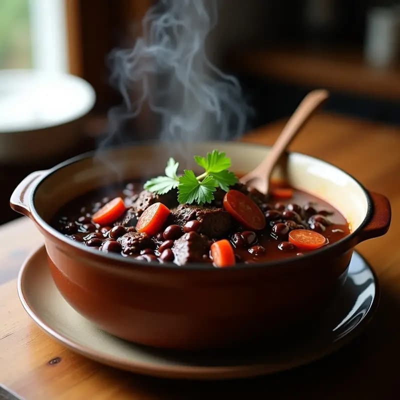 Olla express abierta mostrando un estofado espeso de Feijoada Brasileira con frijoles negros, trozos de carne de res dorada y rodajas de chorizo, decorado con cilantro fresco. Plato tradicional brasileño servido en olla express.