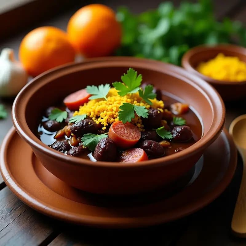 Plato hondo de barro con Feijoada Brasileira, estofado negro espeso de frijoles y carnes, acompañado de farofa de yuca dorada y crujiente, decorado con hierbas frescas.