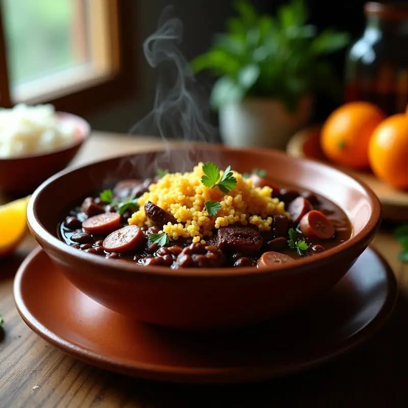 Plato hondo de barro repleto de feijoada brasileira, un guiso oscuro de frijoles negros y carnes, coronado con farofa de yuca dorada y crujiente, acompañado de arroz blanco y rodajas de naranja. Receta tradicional brasileña.