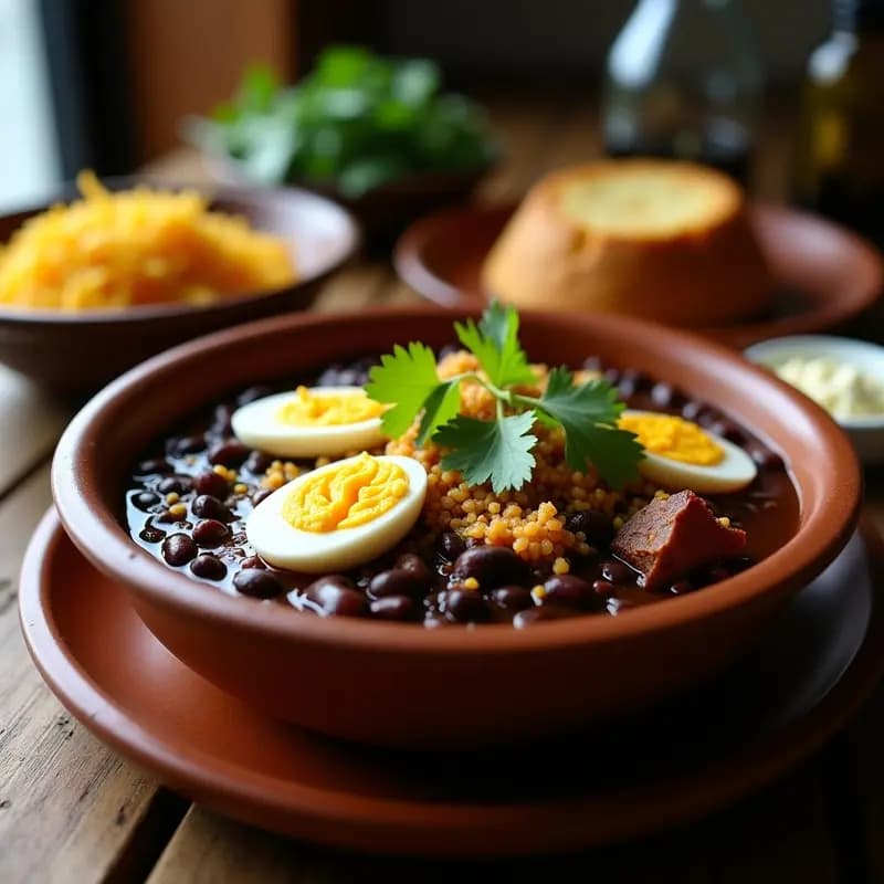 Plato hondo de barro con feijoada brasileira: guiso oscuro de frijoles negros y costilla de cerdo, cubierto con farofa dorada, huevo duro en rodajas y cilantro fresco. Fondo rústico con pan de maíz.