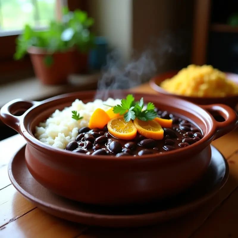 Olla de barro humeante con feijoada brasileira espesa de frijoles negros, gajos de naranja brillantes y cilantro fresco espolvoreado, servida en un plato hondo de cerámica rústica sobre una mesa de madera con arroz blanco y farofa al lado.