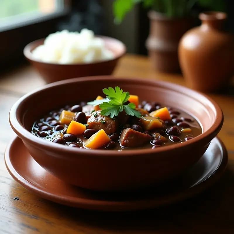 Plato hondo de barro con Feijoada Brasileira con Fatal de Cerdo, frijoles negros espesos, trozos de panceta ahumada, chorizo y costilla, decorado con rodajas de naranja y acompañado de arroz blanco y farofa dorada.