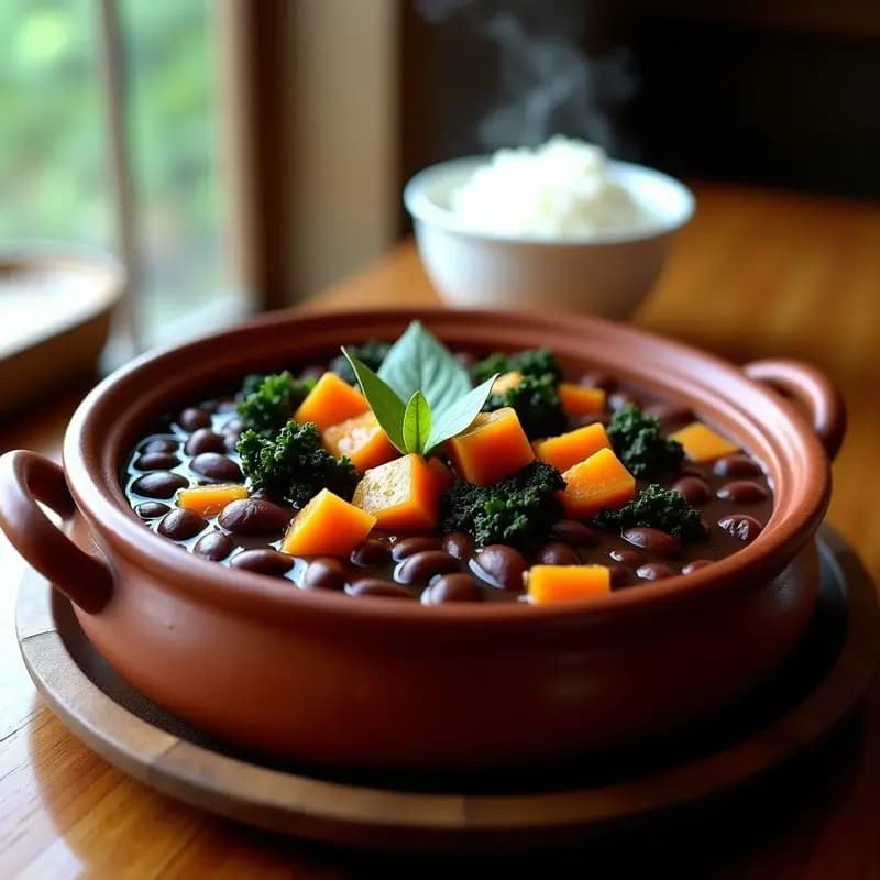 Olla de barro humeante con Feijoada Brasileira vegana, un guiso espeso de frijoles negros, trozos de calabaza butternut, proteína de soja texturizada y col rizada, decorado con hojas de laurel y servido en un plato hondo de cerámica rústica sobre una mesa de madera con arroz blanco al lado.
