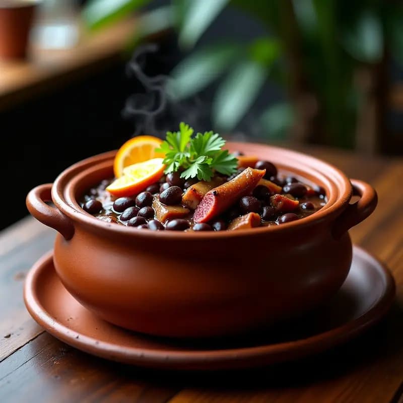 Olla de barro humeante con Feijoada Brasilera, estofado espeso de frijoles negros y trozos de carne de cerdo, costillas y chorizo, servido en plato hondo con arroz blanco y couve al lado.