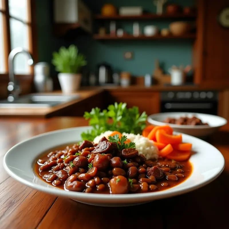 Plato hondo de barro repleto de feijoada brasileña con carne secada, frijoles negros espesos y trozos de costilla de cerdo, acompañado de farofa dorada de yuca y coco esparcida por encima. Al fondo, rodajas de naranja y arroz blanco.