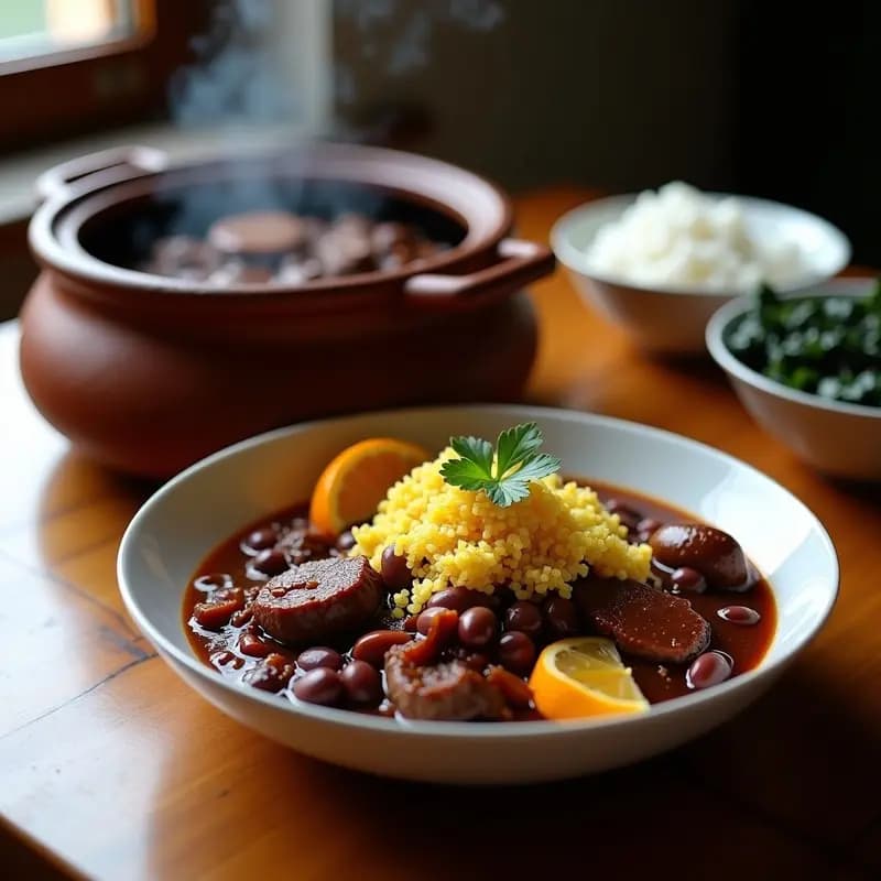 Olla de barro humeante con feijoada brasileña completa, frijoles negros espesos con trozos de costilla de cerdo, carne de res y chorizo, servida en plato hondo con farofa dorada espolvoreada y rodajas de naranja al lado.