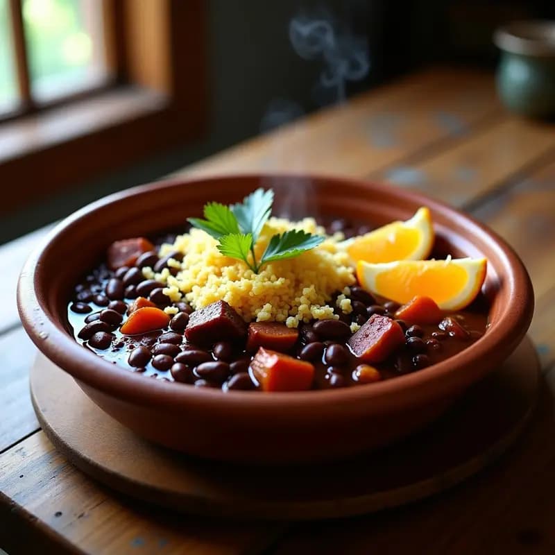 Plato hondo de barro repleto de feijoada brasileña con frijoles negros, trozos de carnes ahumadas (costillas, lomo, chorizo y tocino), acompañada de huevo duro, rodajas de naranja y farofa dorada espolvoreada por encima. Decoración con cilantro fresco.