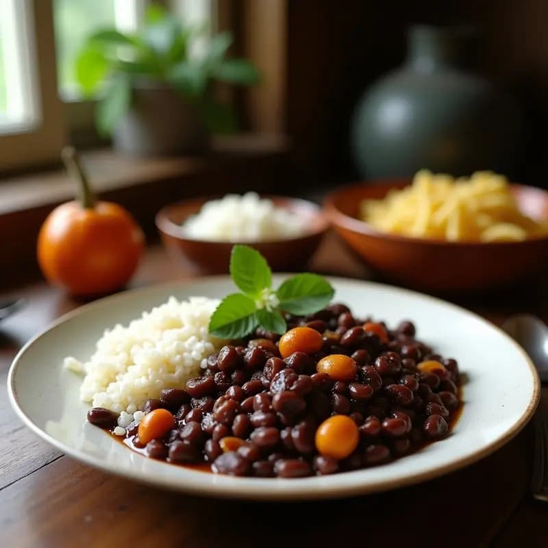 Plato hondo de barro con feijoada brasileña completa: guiso espeso de frijoles negros con trozos de costilla de cerdo, lomo salado y morcilla, servido con arroz blanco, rodajas de naranja y farofa crujiente dorada espolvoreada por encima.