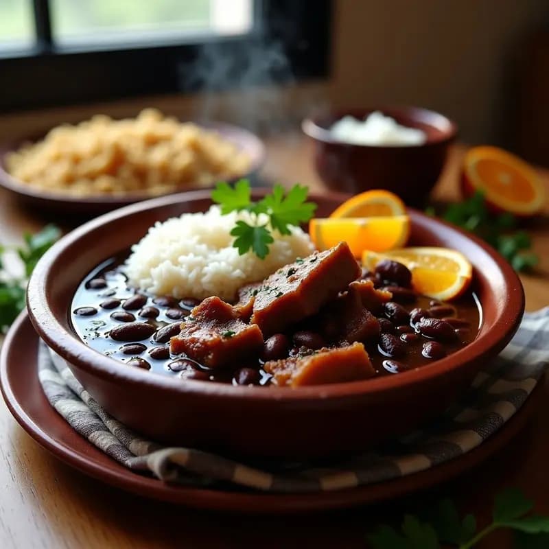 Olla de barro humeante con feijoada brasileña de frijoles negros, trozos de costilla de cerdo jugosa y gajos de naranja amarga, servida en un plato hondo de cerámica rústica acompañada de arroz blanco y farofa dorada.