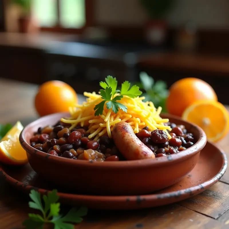 Plato hondo de barro con feijoada brasileña espesa, frijoles negros, trozos de carne de cerdo ahumada y chorizo, acompañada de farofa de yuca dorada y crujiente espolvoreada encima. Decoración con hojas de cilantro fresco y gajos de naranja al lado.