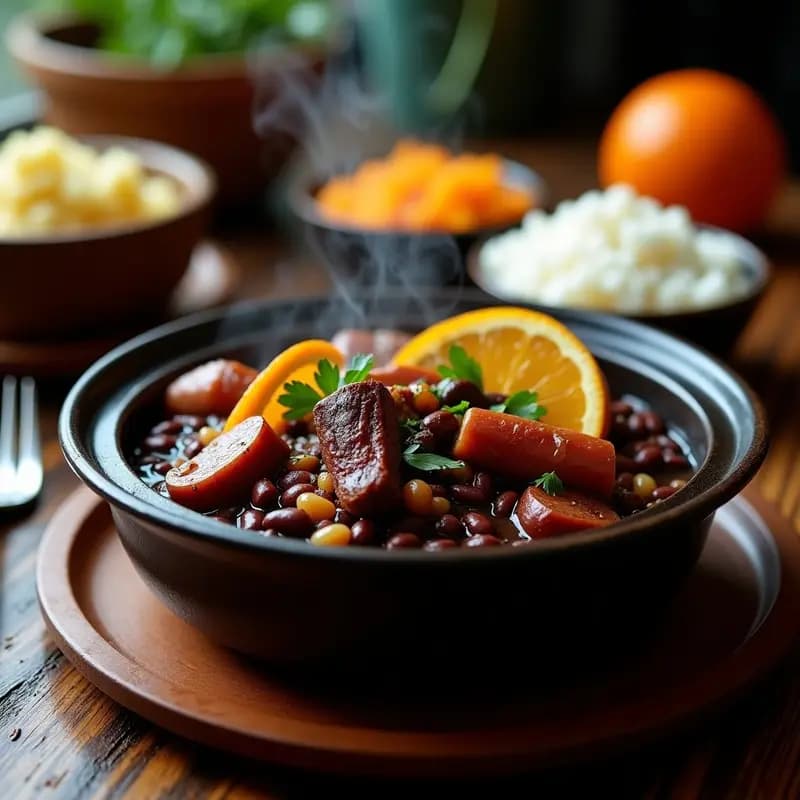 Olla de barro humeante con feijoada brasileña, estofado espeso de frijoles negros, trozos de carnes ahumadas y gajos de naranja. Servido con arroz blanco y cilantro fresco, sobre una mesa de madera rústica.