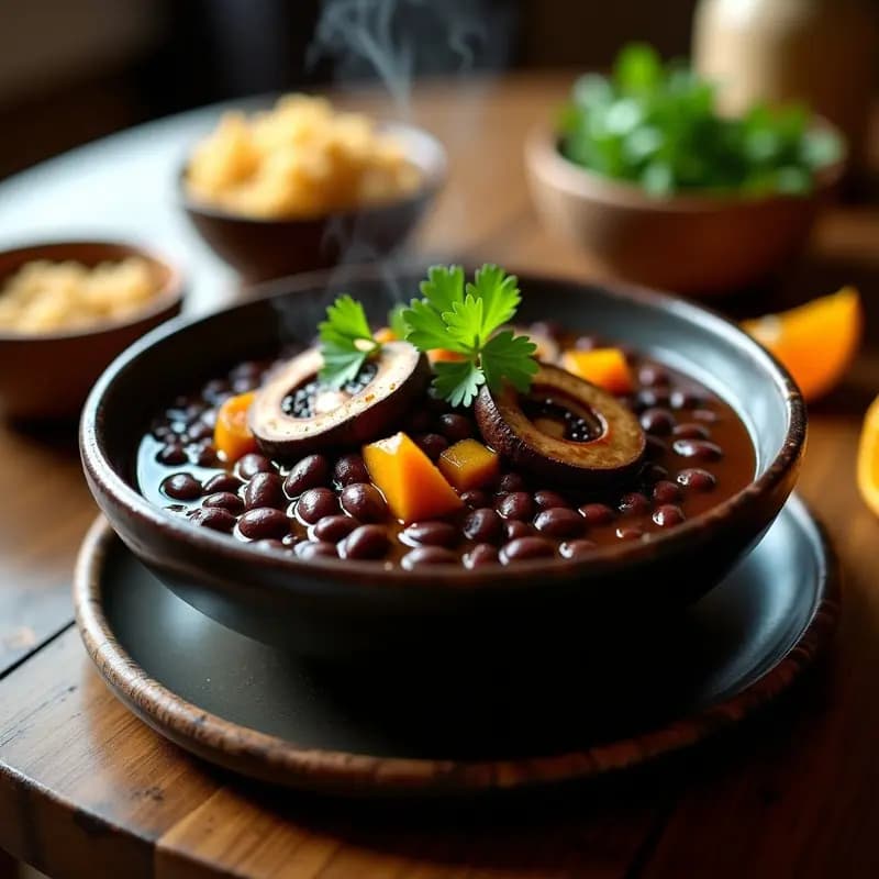 Plato hondo de barro negro con feijoada brasileña vegana de hongos portobello, frijoles negros brillantes, trozos de calabaza asada y láminas de portobello doradas. Acompañado de arroz integral y farofa espolvoreada. Decorado con cilantro fresco y rodajas de naranja agria.