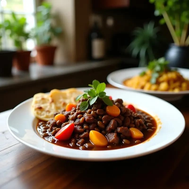 Olla de barro negra con feijoada brasileña vegana: estofado espeso de frijoles negros, trozos de seitán dorado, zanahorias, pimiento rojo y cilantro fresco, servido con arroz integral y rodajas de naranja al lado.