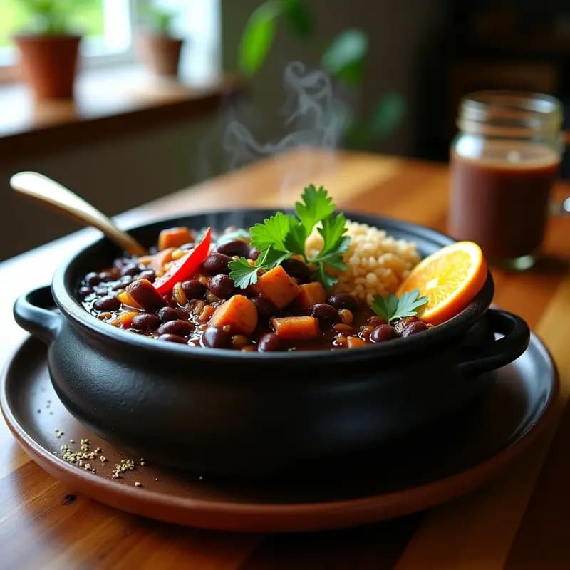 Olla de barro con feijoada brasileña vegana, guiso negro espeso de frijoles negros y vegetales asados como berenjena, pimiento rojo y calabaza, decorado con cilantro fresco y gajos de naranja sobre una mesa rústica de madera.