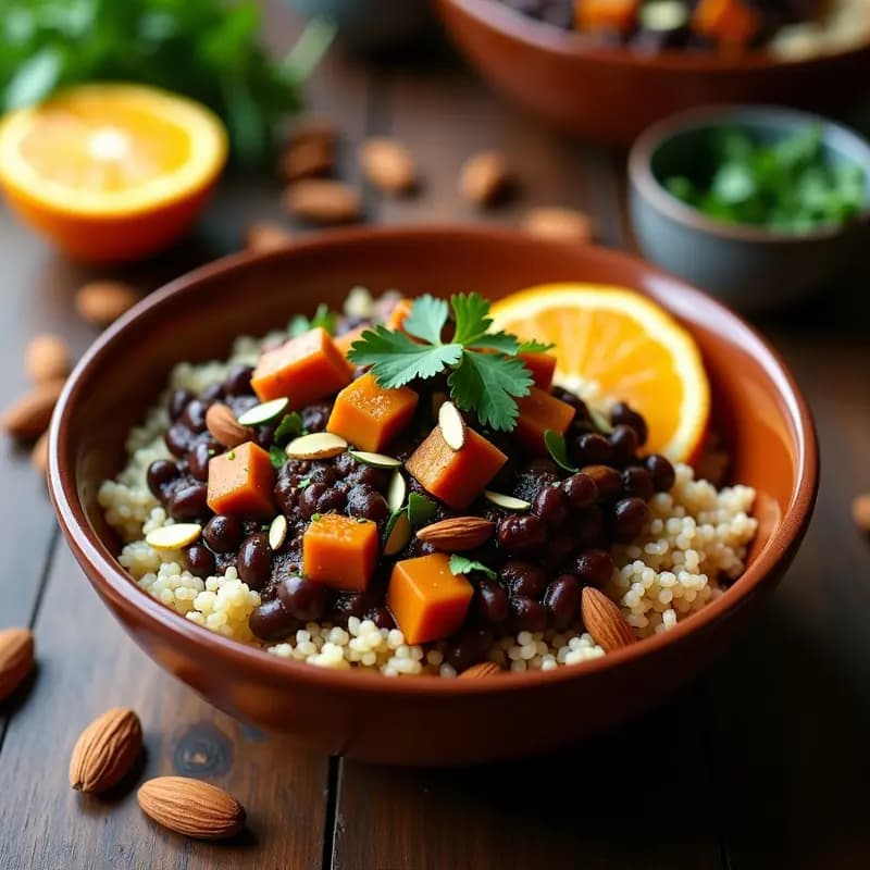 Plato hondo de barro con feijoada brasilera vegana: alubias negras cremosas, cubos de tofu ahumado, arroz integral al dente y cilantro fresco. Acompañado de gajos de limón y naranja sobre una mesa de madera rústica.