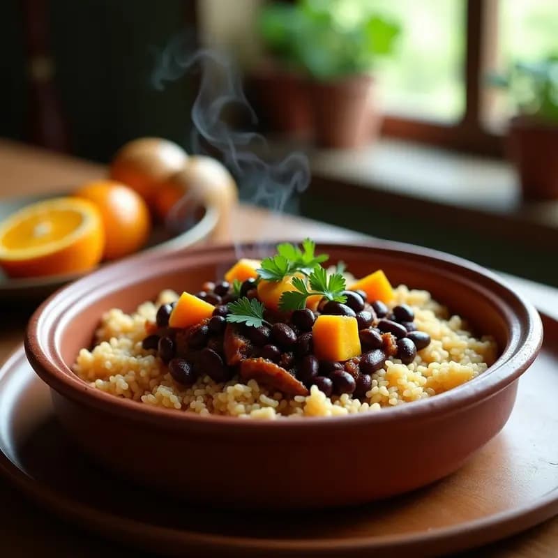 Olla de barro con feijoada brasilera vegana espesa, llena de frijoles negros, trozos de jackfruit desmenuzado y calabaza, servida sobre arroz integral en un plato hondo de cerámica. Decorada con cilantro fresco y acompañada de rodajas de naranja.