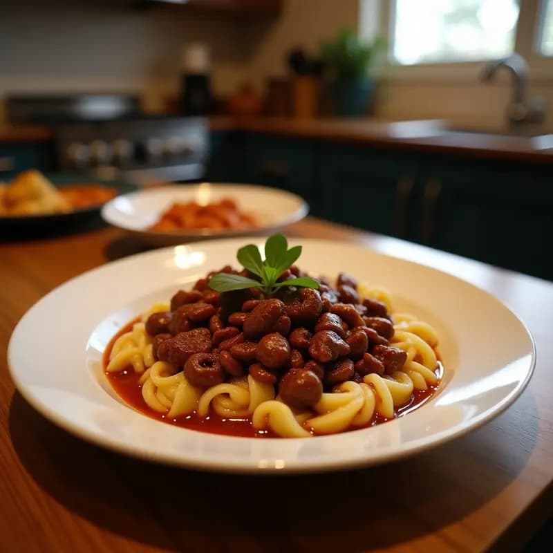 Olla de barro negra con feijoada brasileña espesa de frijoles negros y trozos de carne de res desmenuzada, acompañada de arroz blanco y farofa dorada, decorada con cilantro fresco.