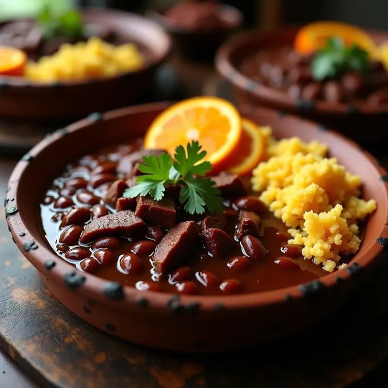 Olla de barro humeante con feijoada brasilera espesa de frijoles negros, trozos de carne secada desmenuzada, acompañada de farofa dorada y naranja en rodajas, sobre mesa rústica de madera.