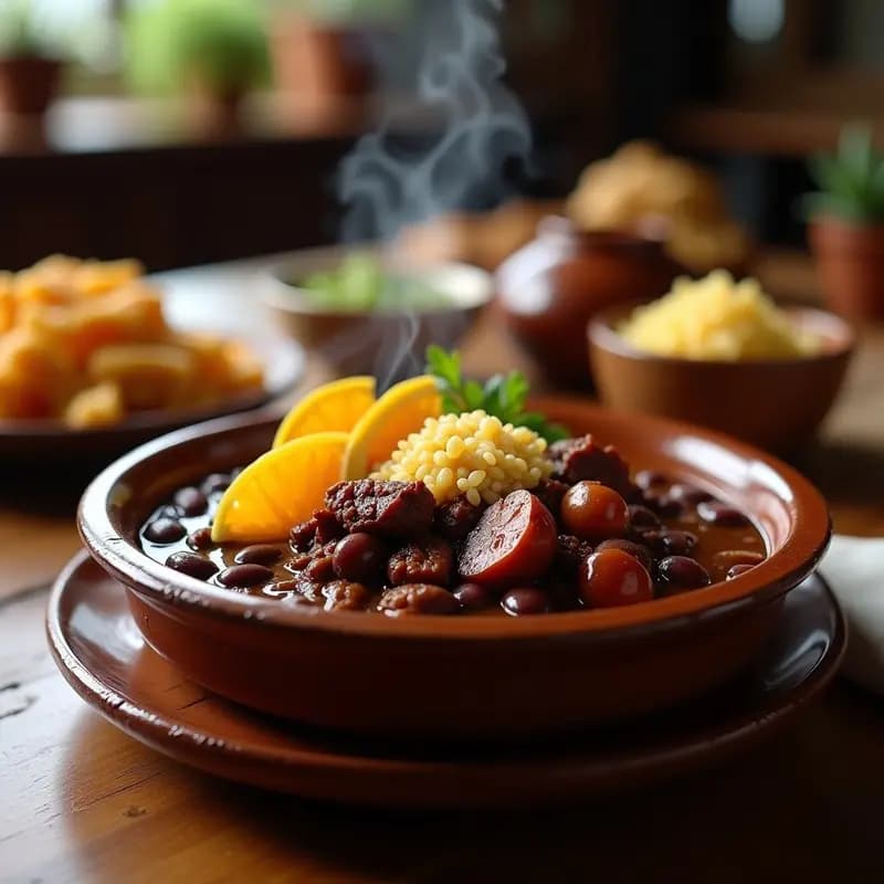 Plato hondo de barro lleno de Feijoada Brasilera con carne de cerdo, frijoles negros cremosos, trozos de costilla y chorizo. Acompañado de rodajas de naranja y farofa de yuca espolvoreada. Fondos borrosos de una cocina rústica.