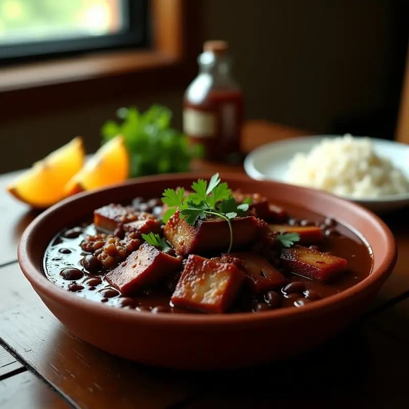 Plato hondo de barro con feijoada brasilería, costillas de cerdo deshuesadas y tiernas, frijoles negros cremosos, y decoración de cilantro fresco, servido sobre una mesa de madera rústica con rodajas de naranja al lado.