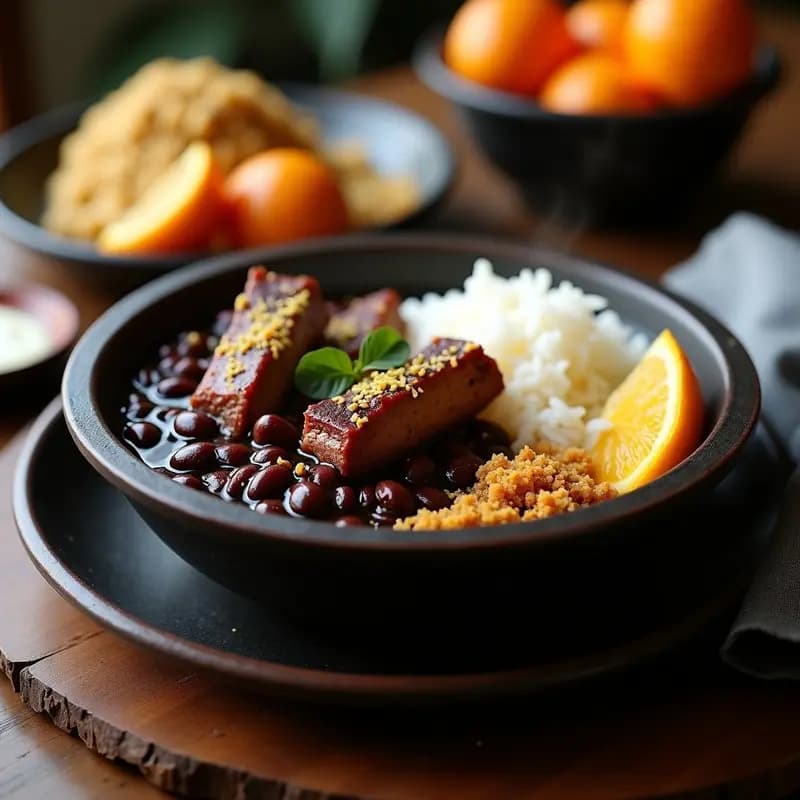 Plato hondo de barro con feijoada brasilera: frijoles negros espesos con trozos de costillas de cerdo, tocino y salchicha, servidos sobre arroz blanco y acompañados de farofa dorada y col picada.