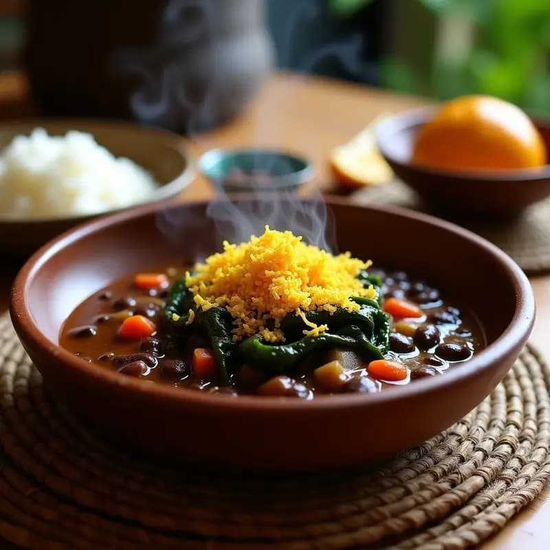 Plato hondo de barro con feijoada vegana brasileña: frijoles negros estofados, couve salteada verde brillante y farofa de yuca dorada espolvoreada. Receta tradicional sin carne.