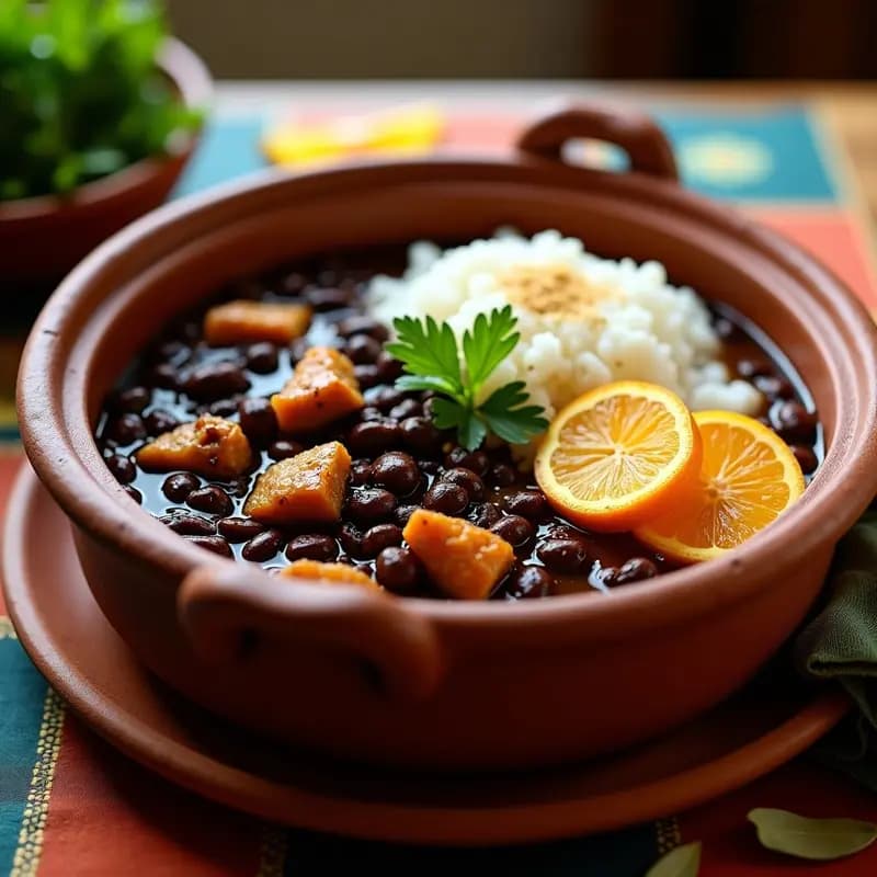 Olla de barro humeante con Feijoada Brasilera Vegana, estofado espeso de frijoles negros, trozos dorados de seitán y rodajas de naranja, servido en cuarto de plátano macho y acompañado de arroz blanco y farofa.