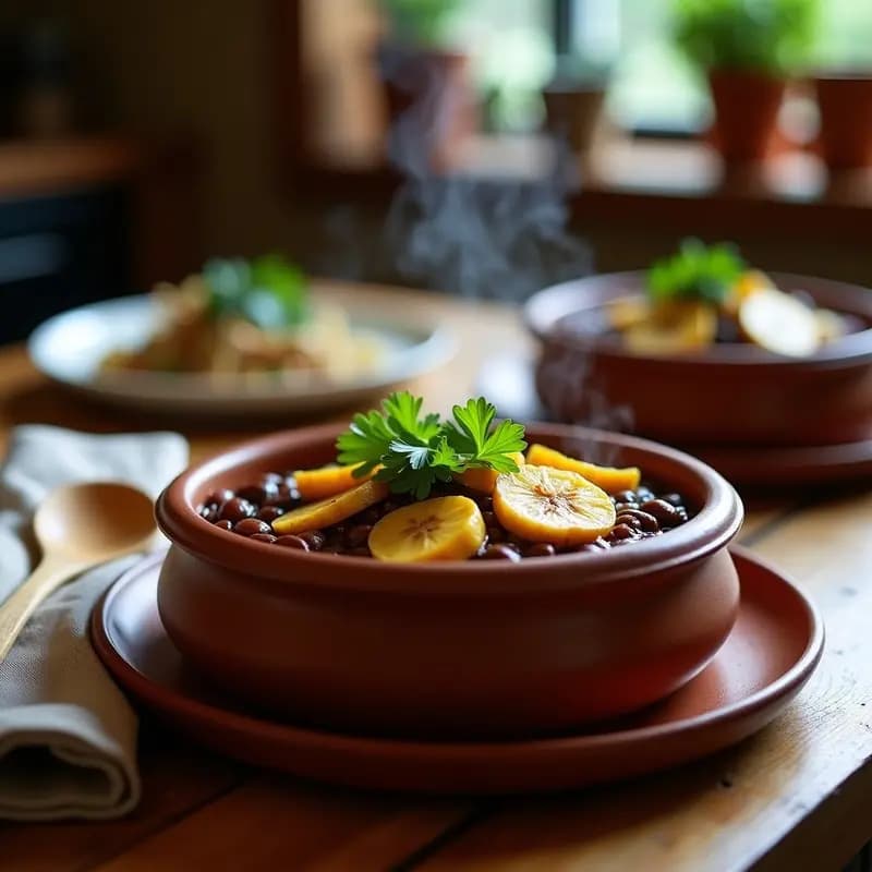 Olla de barro humeante con feijoada de cacahuete y plátano macho, estofado brasileño vegano de color marrón oscuro con rodajas de plátano macho dorado y cacahuetes tostados espolvoreados. Acompañado de arroz integral y cilantro fresco, sobre fondo rústico de madera.